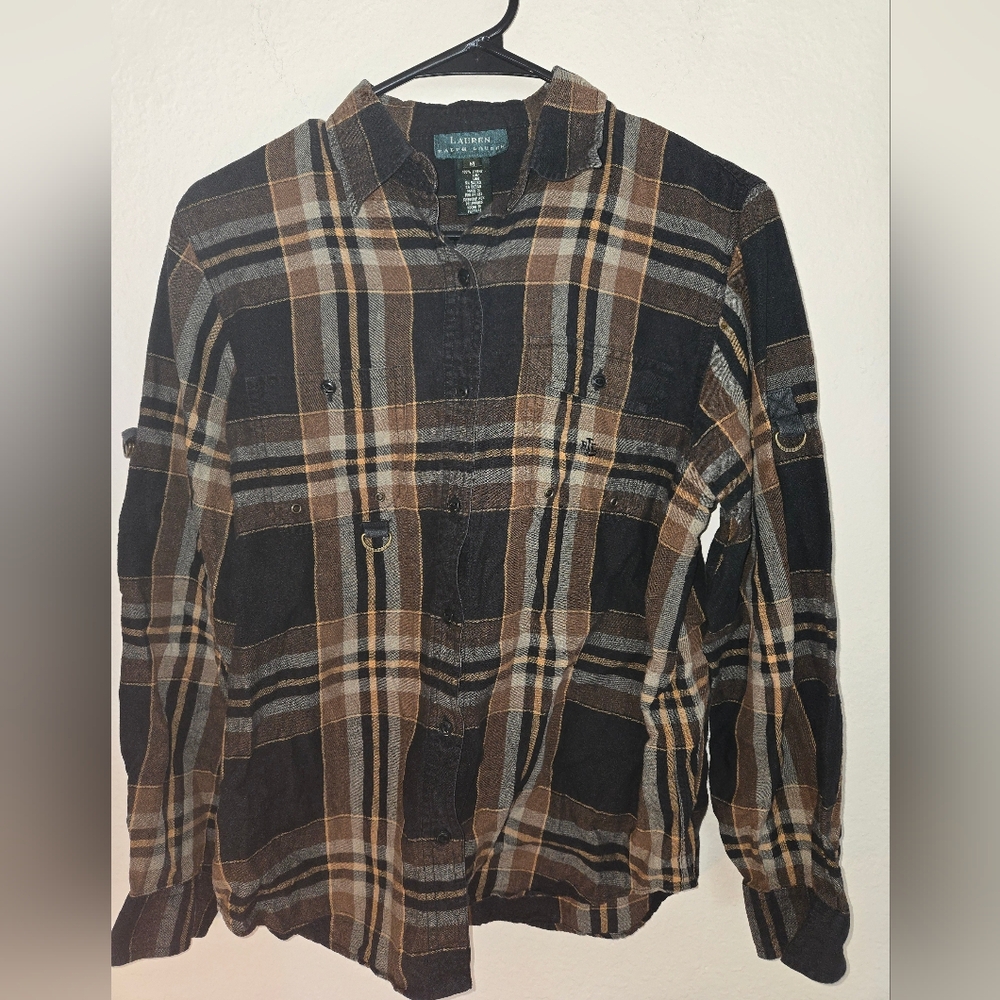 Lauren RALPH LAUREN 100% Linen Brown/Black Plaid Button Up Tab Sleeves Women's M